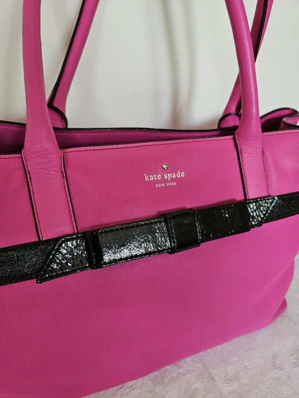 Kate Spade Rosa Mount Pink Leather Tote with Black Trim and Patent Leather Bow